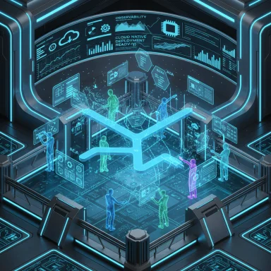 Futuristic control room with neon holograms and figures around a glowing central data hub.