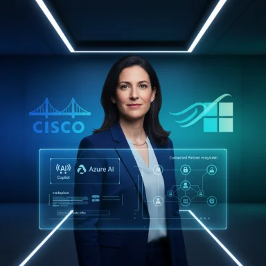 A businesswoman in a blue suit stands before holographic Cisco and Azure AI interfaces.