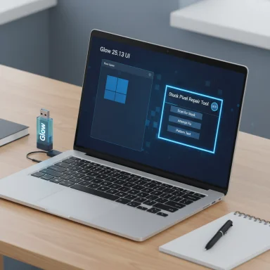A laptop on a wooden desk shows Glow 25.13 UI with a Stuck Pixel Repair Tool window.