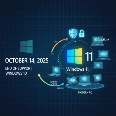 Windows 11 infographic marking Windows 10 end of support on Oct 14, 2025.