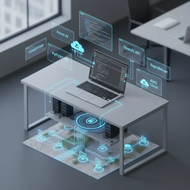 Futuristic desk setup with a laptop and holographic AI/cloud service panels.