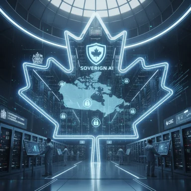 Neon-lit control room featuring a glowing maple leaf with a world map and Sovereign AI branding.