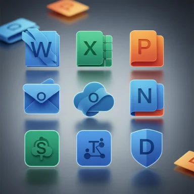 A 3x3 grid of glossy Microsoft Office app icons on a reflective surface.