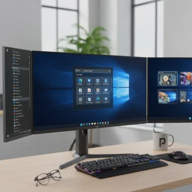 Triple-monitor desktop setup with keyboard, mouse, glasses, and a mug on a wooden desk.
