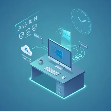 Isometric desk scene showing a Windows PC with cloud migration and upgrade icons.