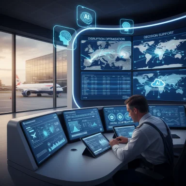 A futuristic airline operations center with a staff member monitoring AI-driven dashboards as planes taxi outside.