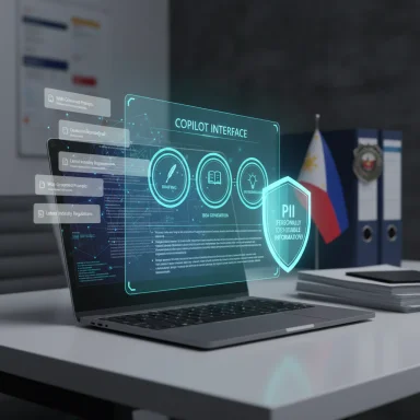 A laptop on a desk displays a holographic 'Copilot Interface' with a PII shield and data icons.