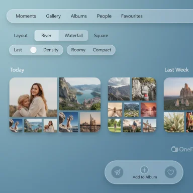 A blue photo gallery interface with river layout and collage thumbnails, plus Add to Album button. A blue photo gallery interface with river layout and collage thumbnails, plus Add to Album button.