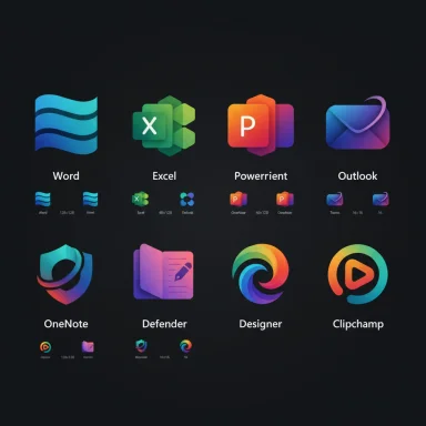 A grid of colorful app icons (Word, Excel, PowerPoint, Outlook, OneNote, Defender, Designer, Clipchamp) on a dark gradient background.
