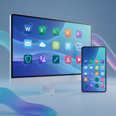 A desktop monitor and a smartphone display colorful app icons on a blue gradient background.