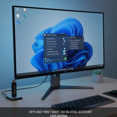 Sleek desk setup with a large monitor displaying Windows, plus keyboard, mouse, and USB drive.