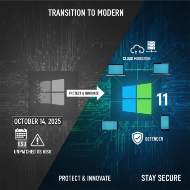 Split infographic depicting transition to Windows 11 with cloud migration and measures to stay secure.