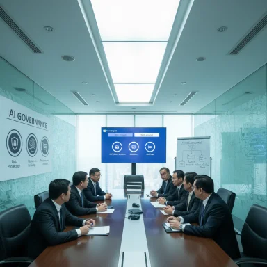 Executives in a glass-walled boardroom discuss AI governance around a long conference table.