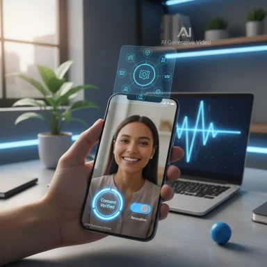 A person holds a phone showing a smiling video call with an AI consent overlay in a modern tech workspace.