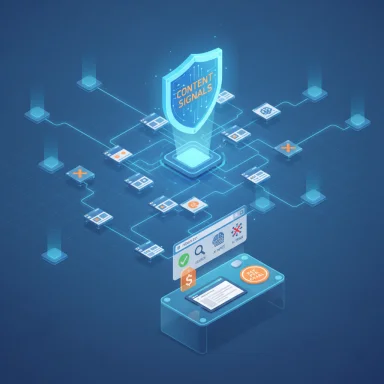 Isometric scene with a glowing 'Content Signals' shield guarding a network of connected devices.