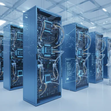 Futuristic data center with blue-lit server racks and holographic displays. Futuristic data center with blue-lit server racks and holographic displays.