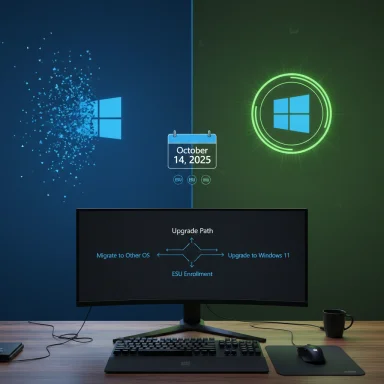 Desk setup with a monitor displaying Windows upgrade options and the date October 14, 2025.