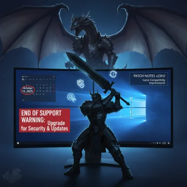 Knight with a raised sword stands before a Windows screen as a dragon looms behind.