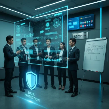 A team of executives discusses data protection on a glowing holographic display.