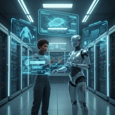 In a futuristic lab, a scientist chats with a humanoid robot beside holographic medical displays.