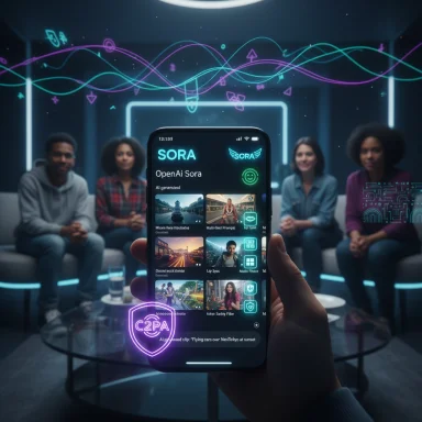 Neon-lit futuristic lounge; a hand shows a phone displaying the SORA app to a seated group.