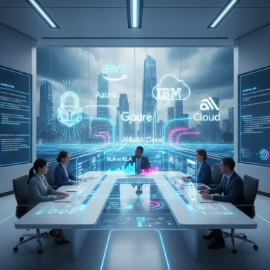 A futuristic boardroom with holographic cloud-tech visuals projected over a city skyline.