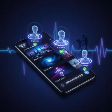 Smartphone shows a video app with holographic Cameos avatars hovering above the screen.