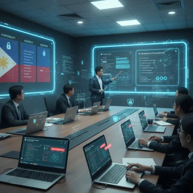 Business meeting in a high-tech room with holographic dashboards and laptops. Business meeting in a high-tech room with holographic dashboards and laptops.