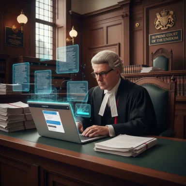A judge in wig and robes types on a laptop amid holographic legal documents in a grand courtroom.