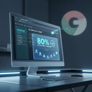 A sleek monitor displays a futuristic dashboard highlighting an 80% revenue share.
