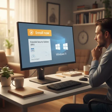 Man at a home office studies a Windows 11 enrollment screen on a large monitor.