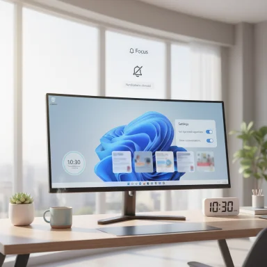 A sleek home-office desk with a curved monitor, digital clock, mug, and small plants.