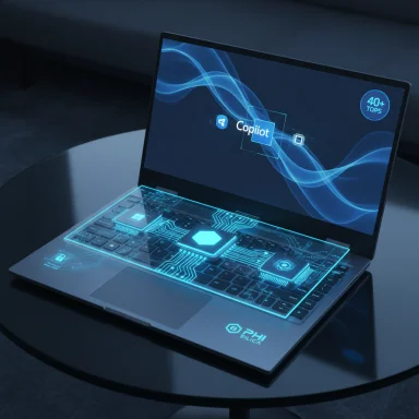 A futuristic laptop with holographic blue circuitry and Copilot branding.