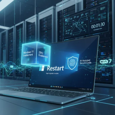 Futuristic data center with a laptop displaying a Windows 11 restart and AI-assisted secure code.
