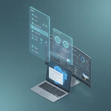 Futuristic holographic UI panels hover around a laptop and dual monitors.