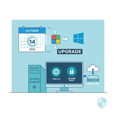 Infographic showing a PC upgrade to Windows with TPM 2.0, Secure Boot, and backups.