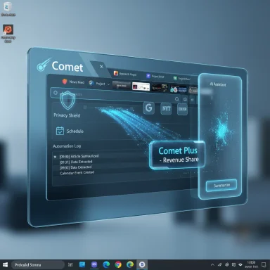 A futuristic holographic Comet dashboard showing AI assistant and Comet Plus revenue share.