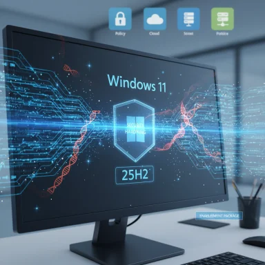Windows 11 on a monitor with a security shield and flowing digital data streams.