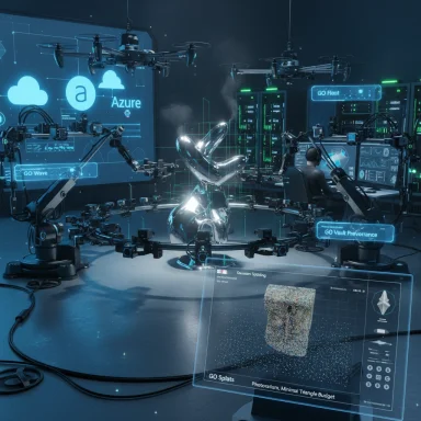 A futuristic lab with drone arms circling a glossy chrome sculpture and Azure branding on screens.