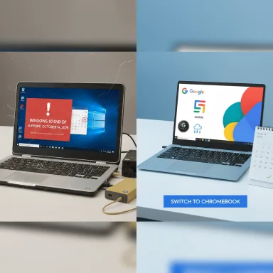 Windows 10 end-of-support alert on the left; Chromebook switch promo on the right.