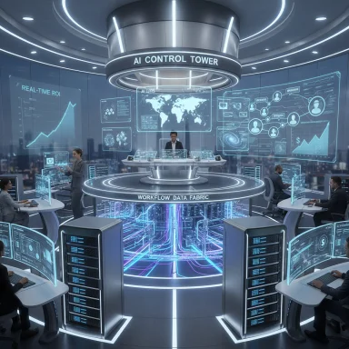 A futuristic AI control tower with holographic dashboards and analysts around a circular data hub.
