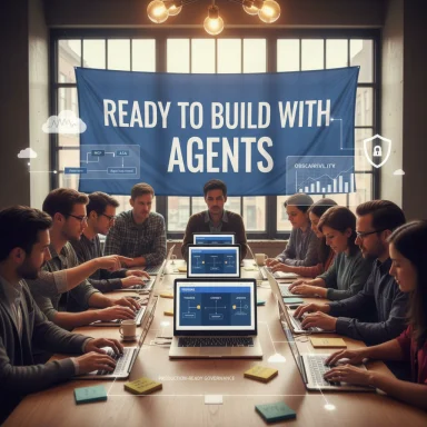 Team of professionals working on laptops around a conference table under a banner that reads Ready to Build with Agents.