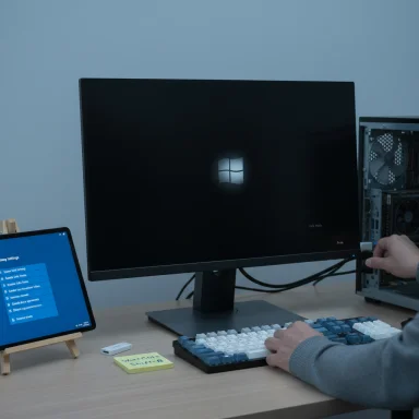 Person types at a keyboard while Windows boots on the monitor; a PC tower sits open nearby.