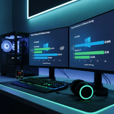 Gaming workstation with dual monitors showing Steam hardware survey charts and glowing RGB lighting.