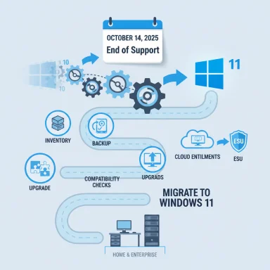 Infographic illustrating Windows 10 to Windows 11 migration, with end of support Oct 14, 2025.