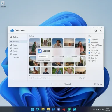 Windows 11 desktop showing a OneDrive gallery with Copilot panel on a blue abstract wallpaper.