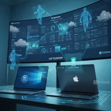 Futuristic workstation with holographic data dashboard and three glowing human figures around two laptops.