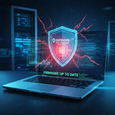 A Defender for Endpoint holographic shield hovers over a laptop, signaling firmware up to date.