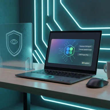 Futuristic work desk with neon circuitry, a laptop displaying AI tools, and a frosted shield panel.