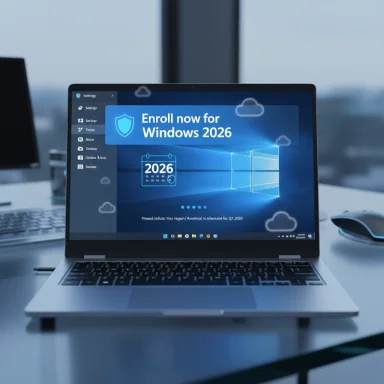 Laptop screen shows a Windows 2026 enrollment promo with a calendar icon.